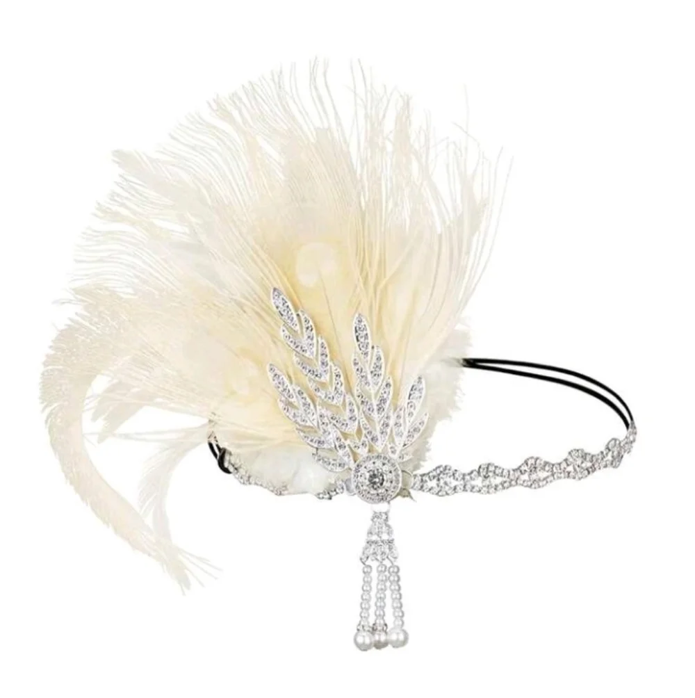 1920s Cream and Silver Retro Feather Rhinestone Headband